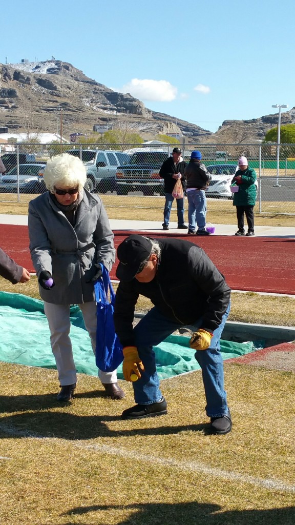 Larry and Delores Wagner taking aim at the prizes at the Over 55 Easter Egg Hunt held Saturday, 26 March at the Wendover High School soccer field. (Photo: Alan Rowley) 