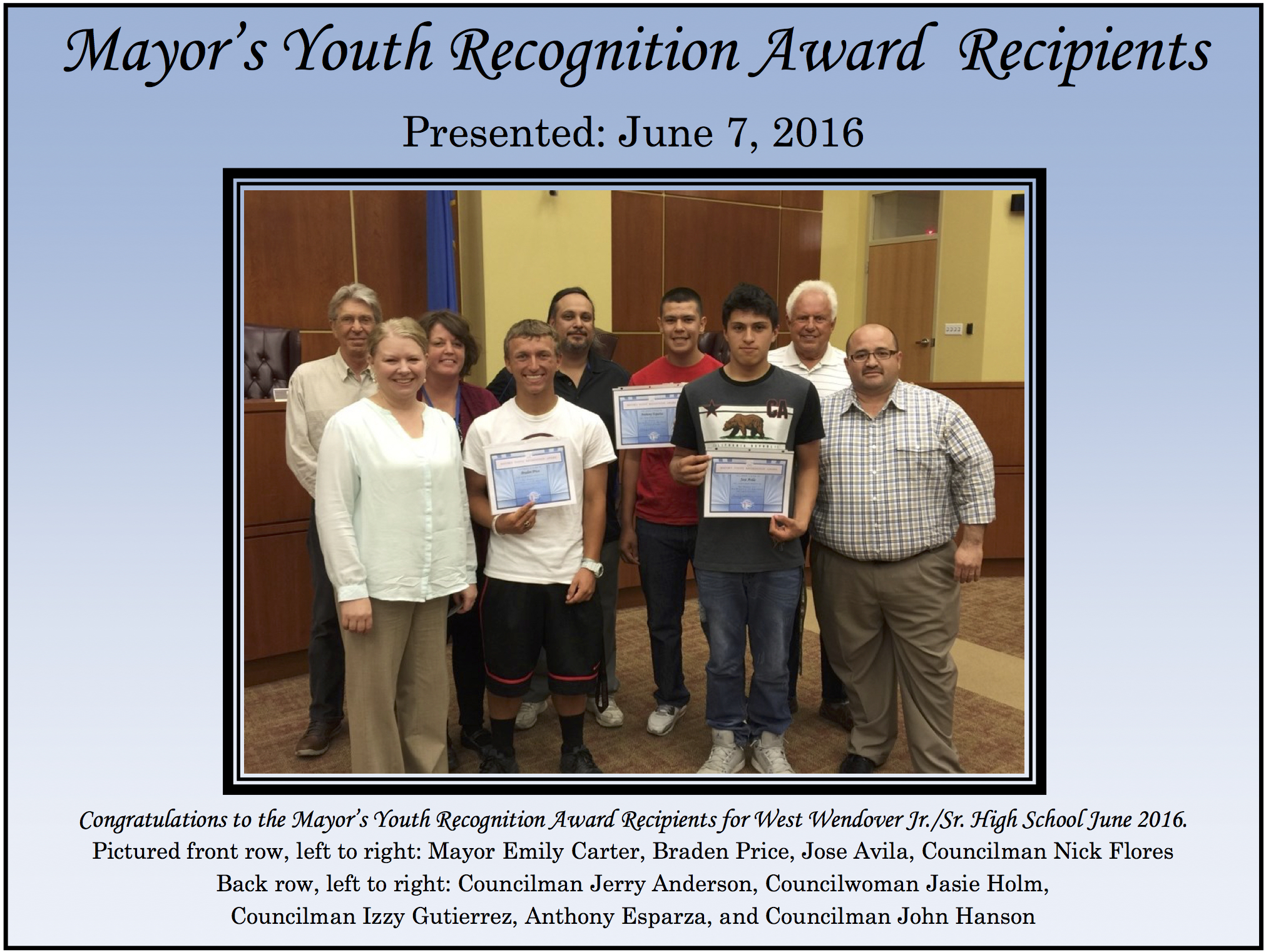 Mayors Award Recipients WWHS June 2016:6:09:16